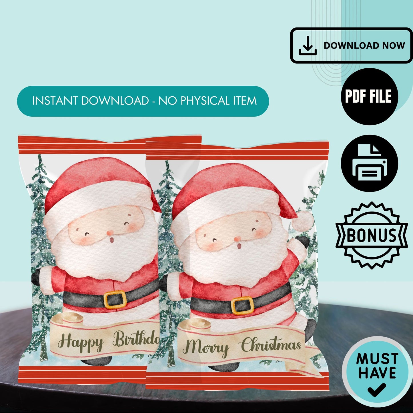 Santa Claus Chip Bag Cover PDF Instant Download File | Winter Holidays Celebration