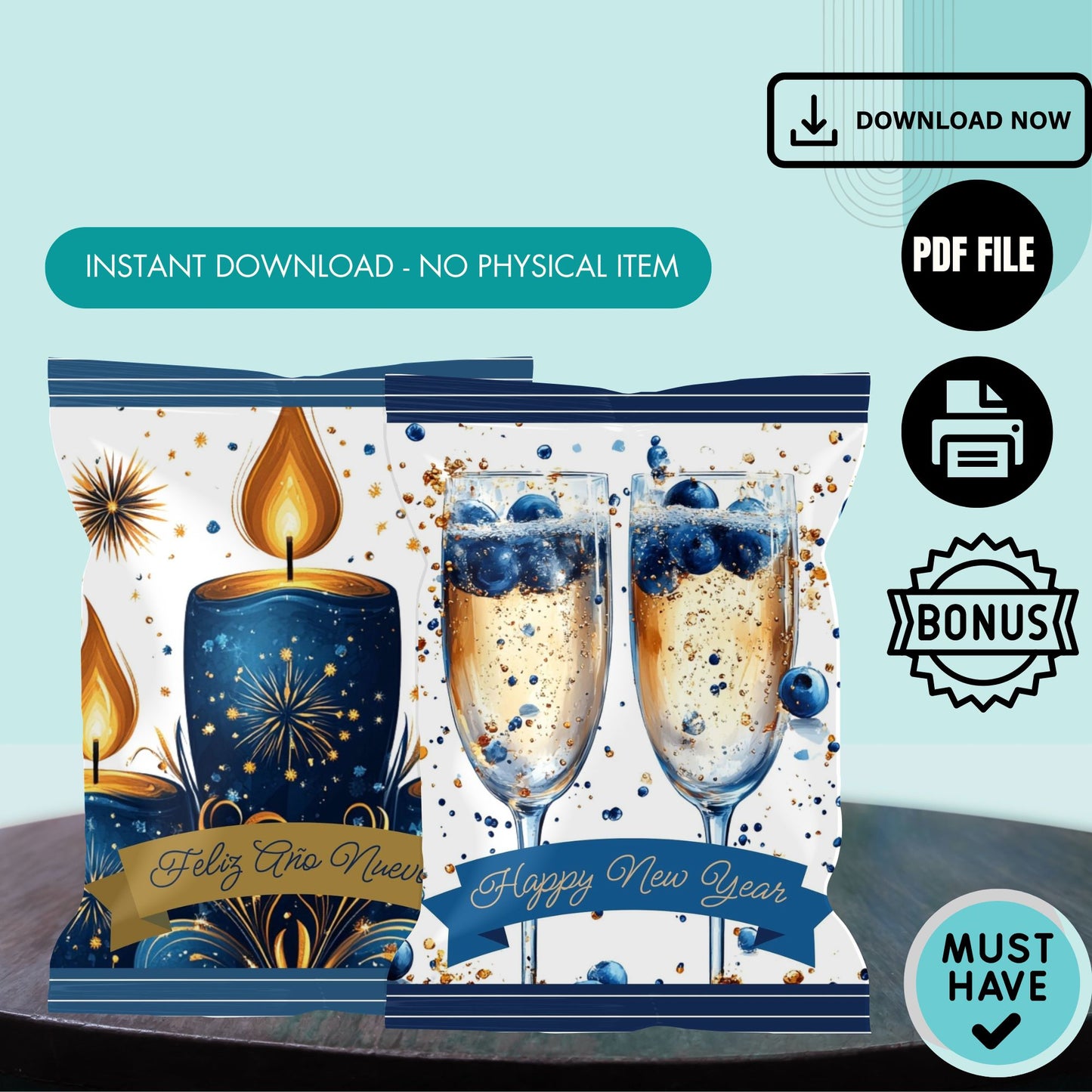 New Year Chip Bag Cover PDF Instant Download File | Blue New Year Decorations