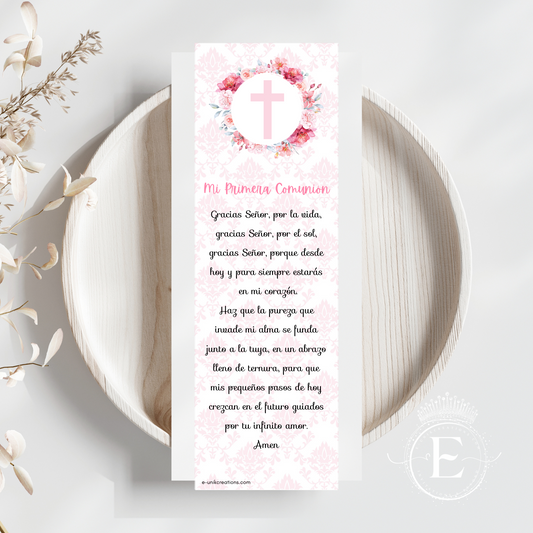 Pink Floral First Communion Bookmark Favors