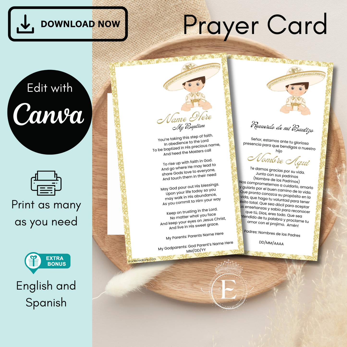 Gold Charrito Editable Prayer Card