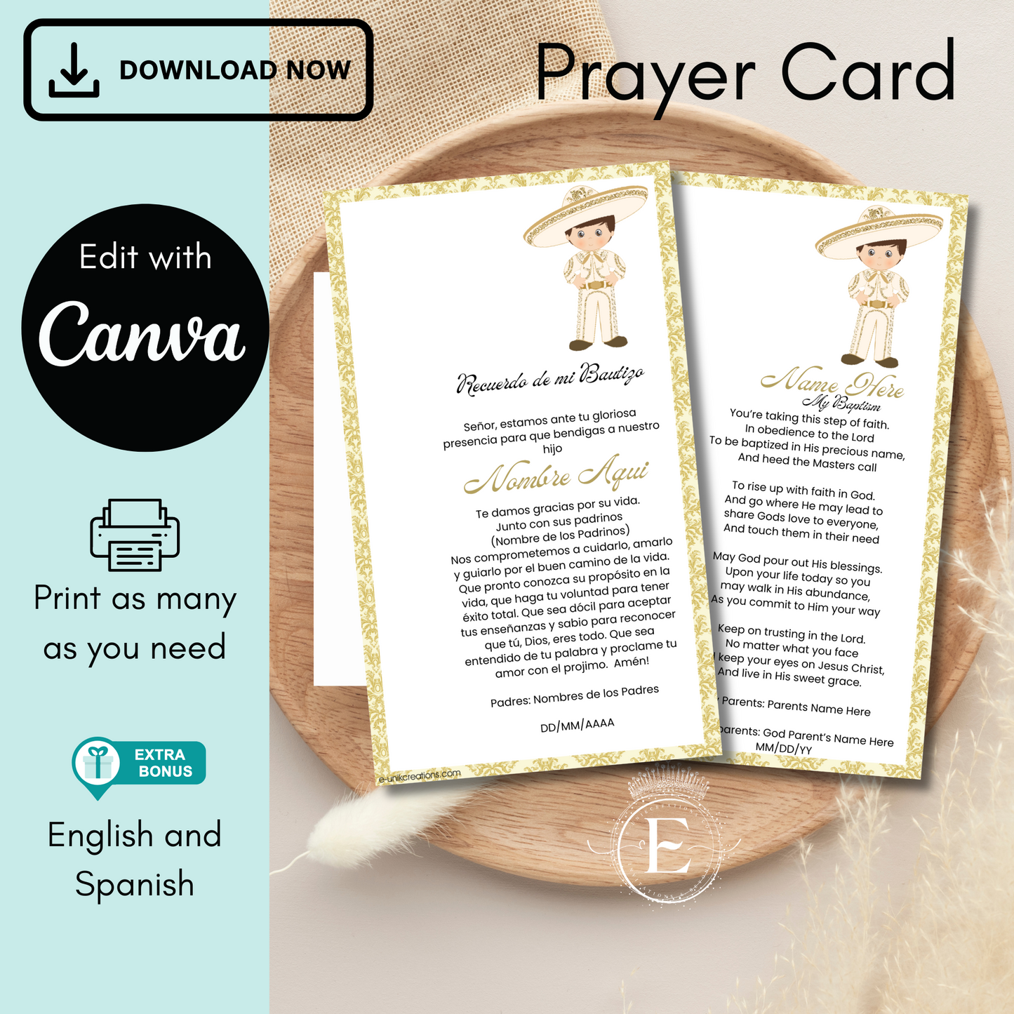 Gold Charro Editable Prayer Card