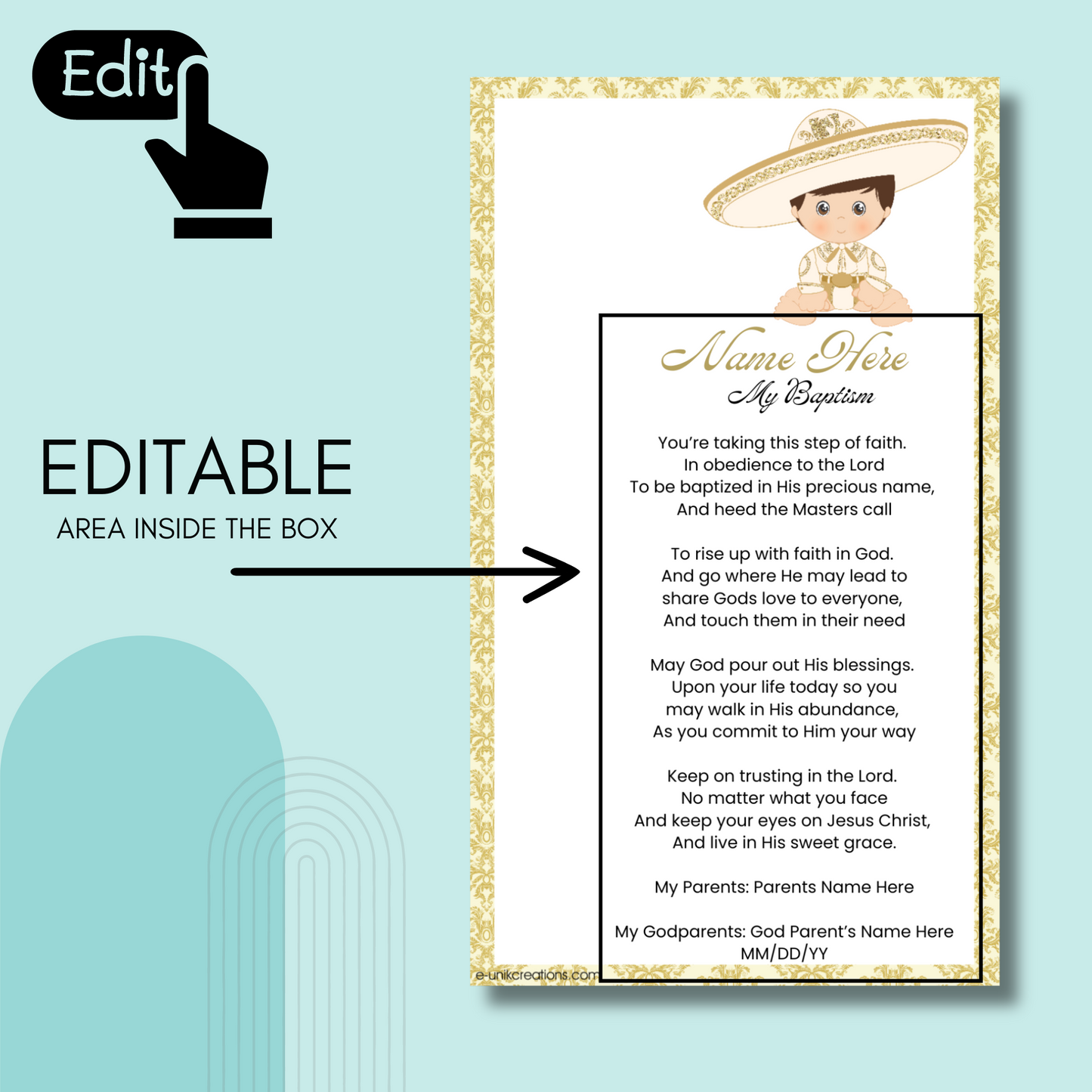 Gold Charrito Editable Prayer Card