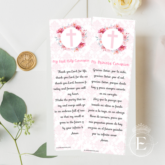 Pink Floral First Communion Bookmark Favors