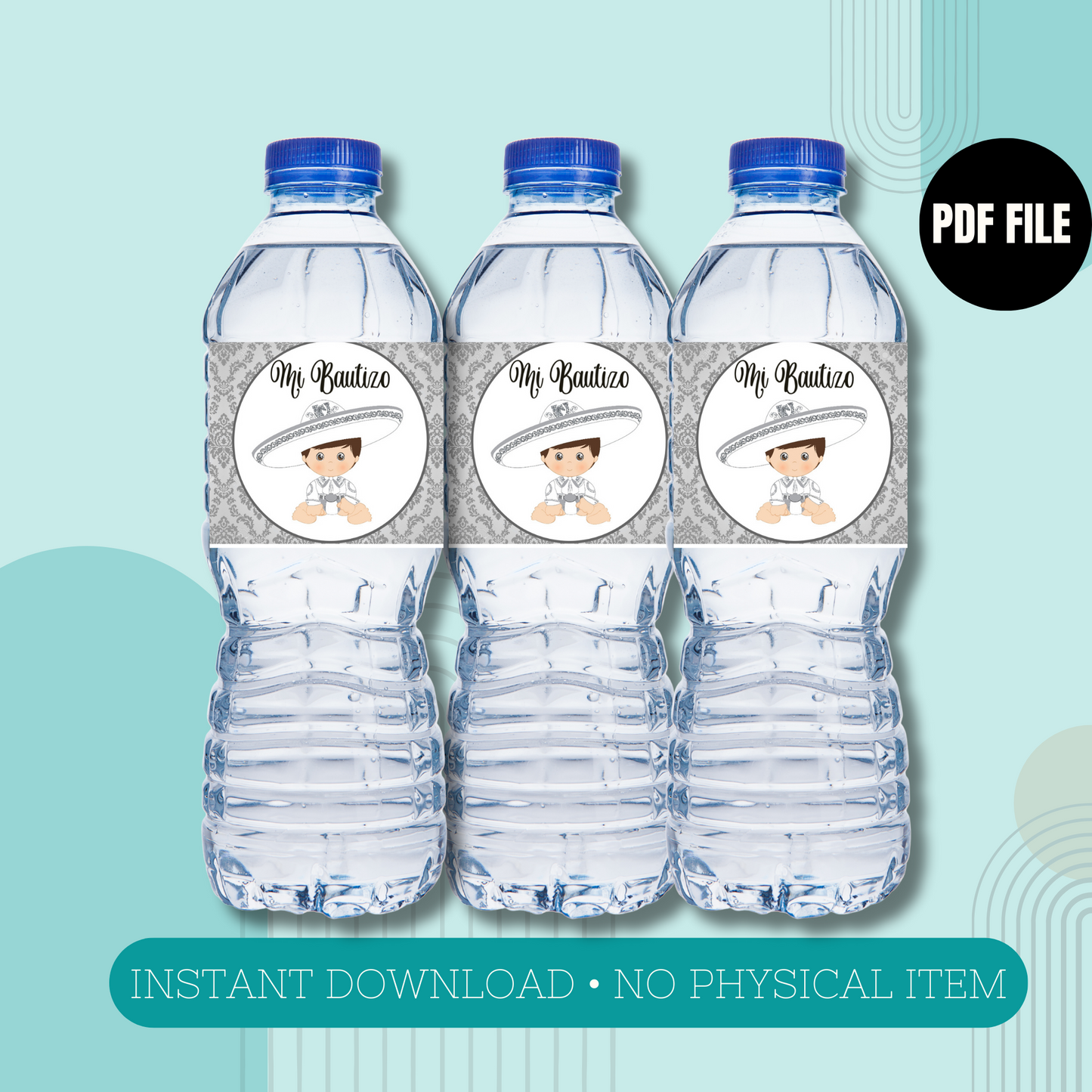 Silver Baby Charro Baptism Water Bottle Labels