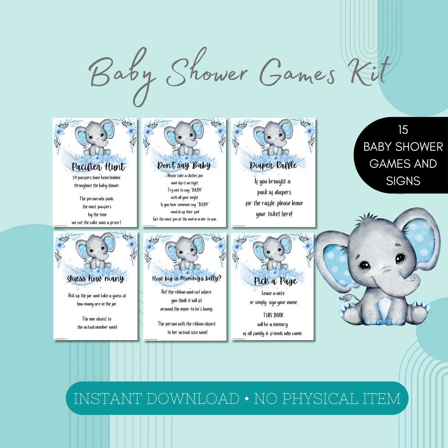 Blue Elephant Baby Shower Games Kit