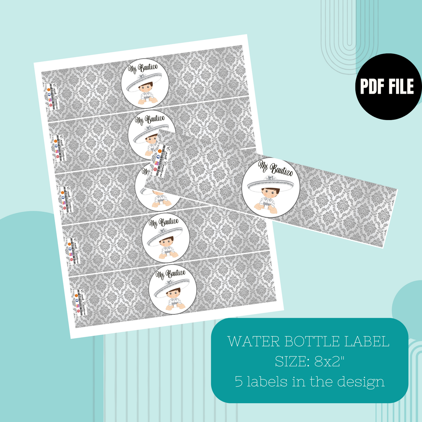 Silver Baby Charro Baptism Water Bottle Labels