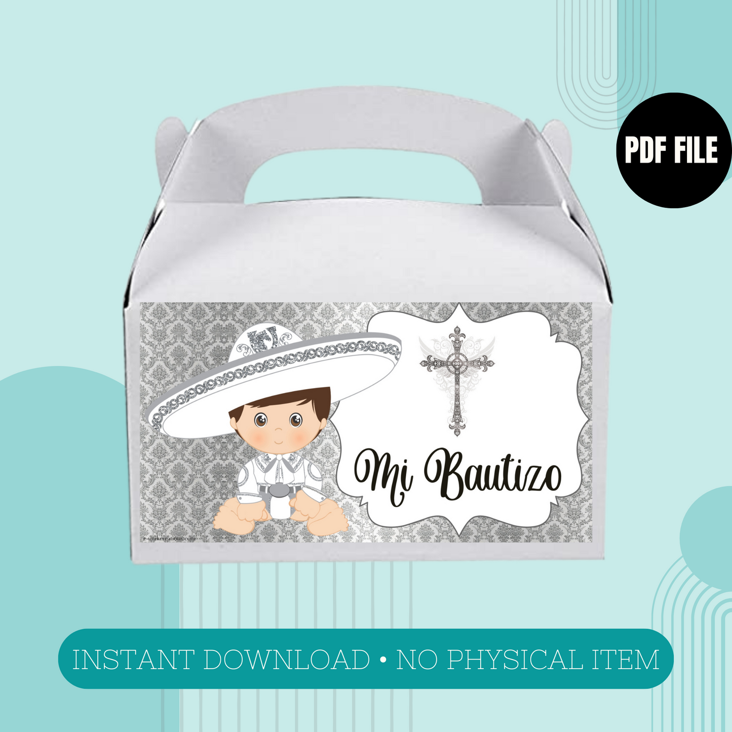 Silver Baby Charro Baptism Gable Box Label