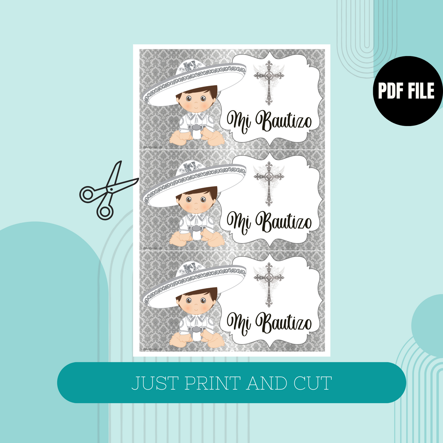 Silver Baby Charro Baptism Gable Box Label