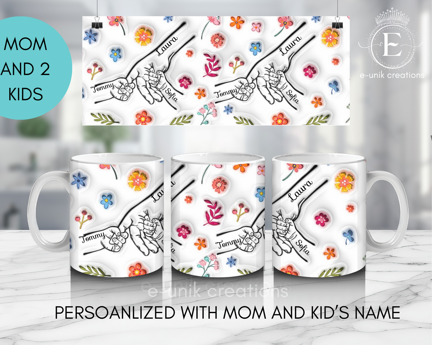 Mom and Kid's Name 3D Floral Mug