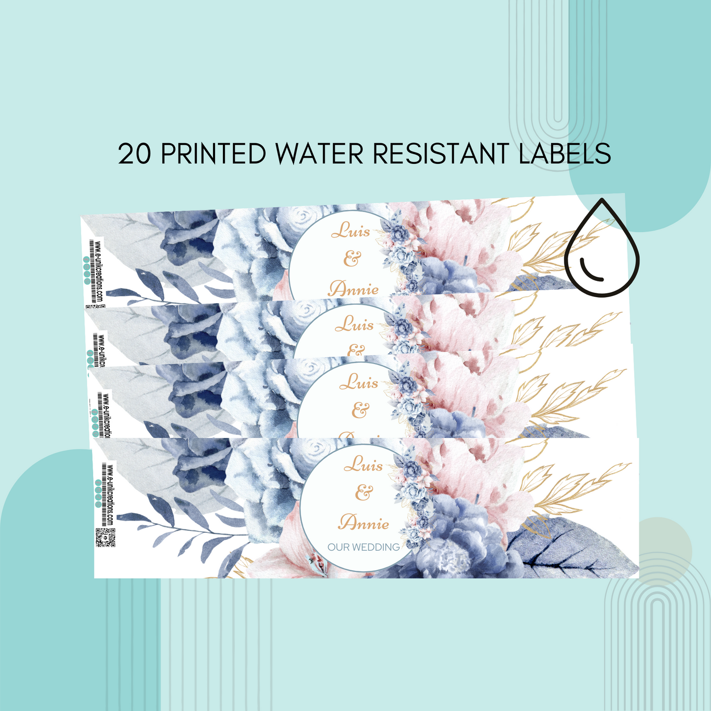 Dusty Blue and Blush Water Bottle Labels. 24pcs
