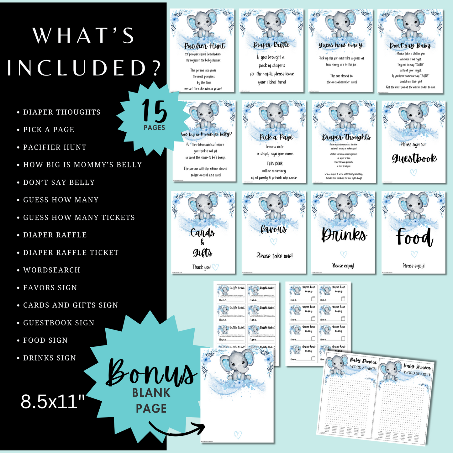 Blue Elephant Baby Shower Games Kit
