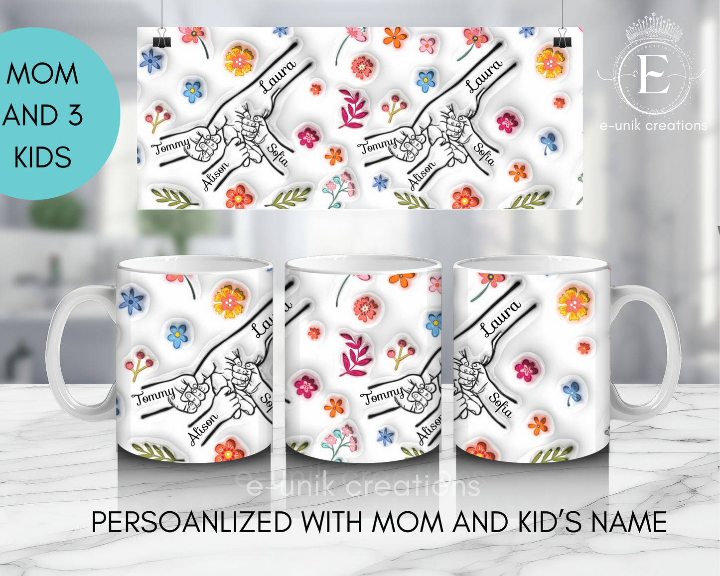 Mom and Kid's Name 3D Floral Mug