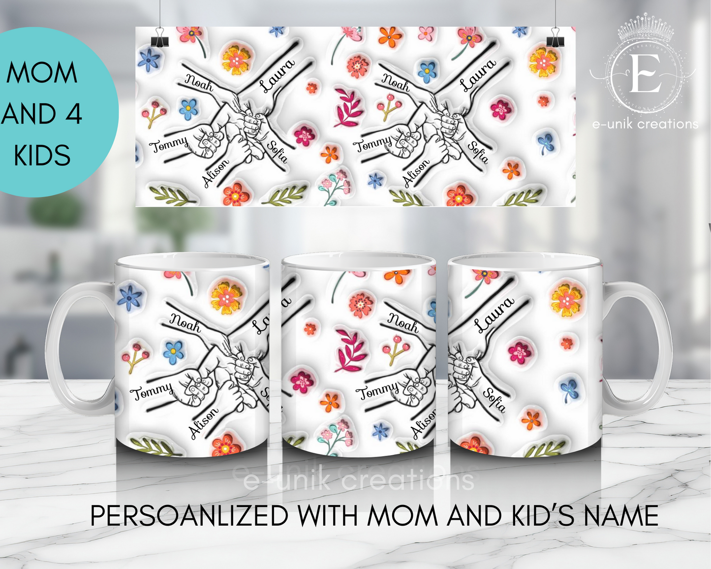 Mom and Kid's Name 3D Floral Mug