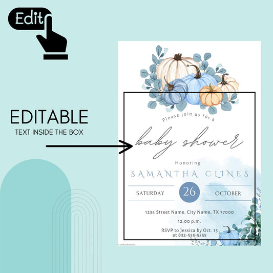 Pumpkin Baby Shower Invitation Canva Editable Template: Blue Watercolor Pumpkin Fall Invite