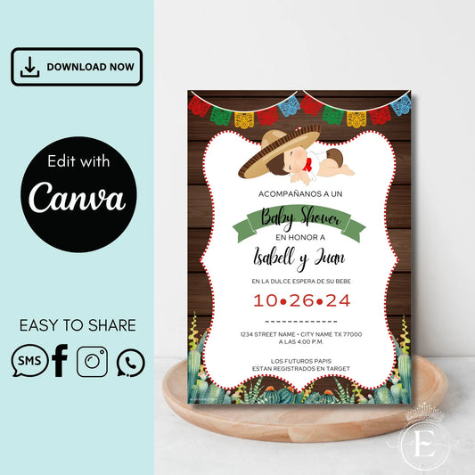 Charrito Baby Shower Invitation Canva Editable Template