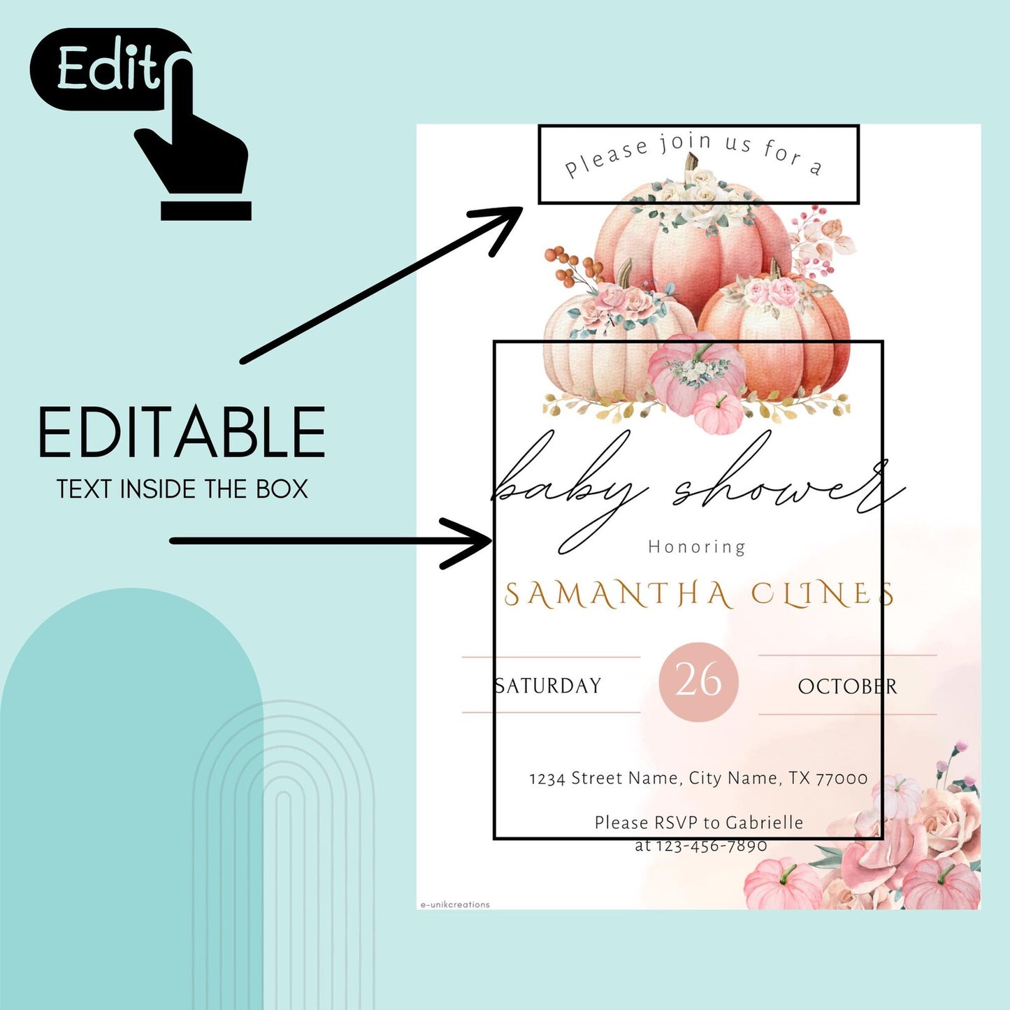 Pumpkin Baby Shower Invitation Canva Editable Template: Pink Watercolor Pumpkin Fall Invitation