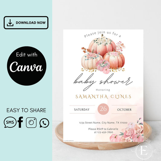 Pumpkin Baby Shower Invitation Canva Editable Template: Pink Watercolor Pumpkin Fall Invitation