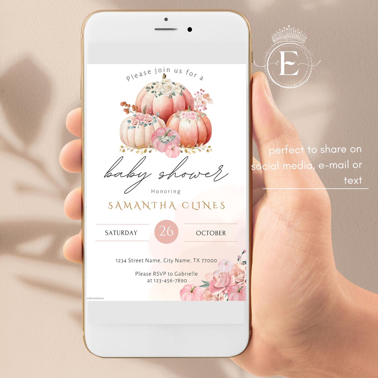 Pumpkin Baby Shower Invitation Canva Editable Template: Pink Watercolor Pumpkin Fall Invitation