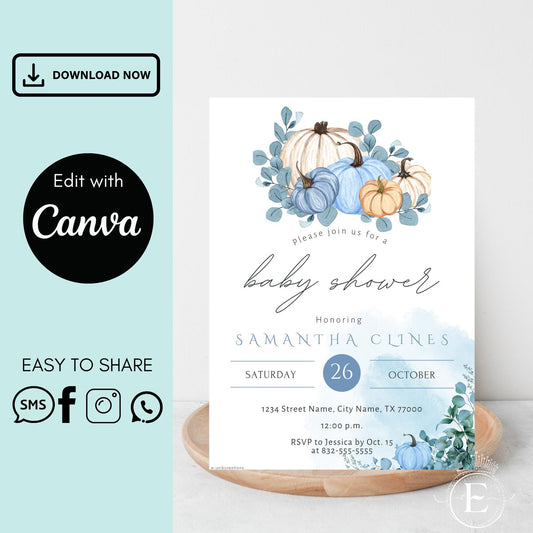 Pumpkin Baby Shower Invitation Canva Editable Template: Blue Watercolor Pumpkin Fall Invite