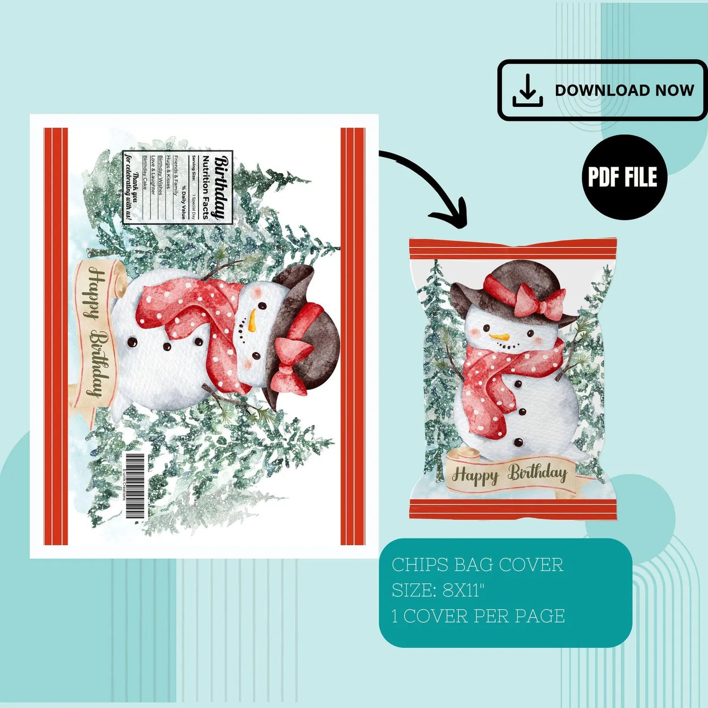 Snowman Chip Bag Cover PDF Instant Download File | Winter Holidays Celebration.