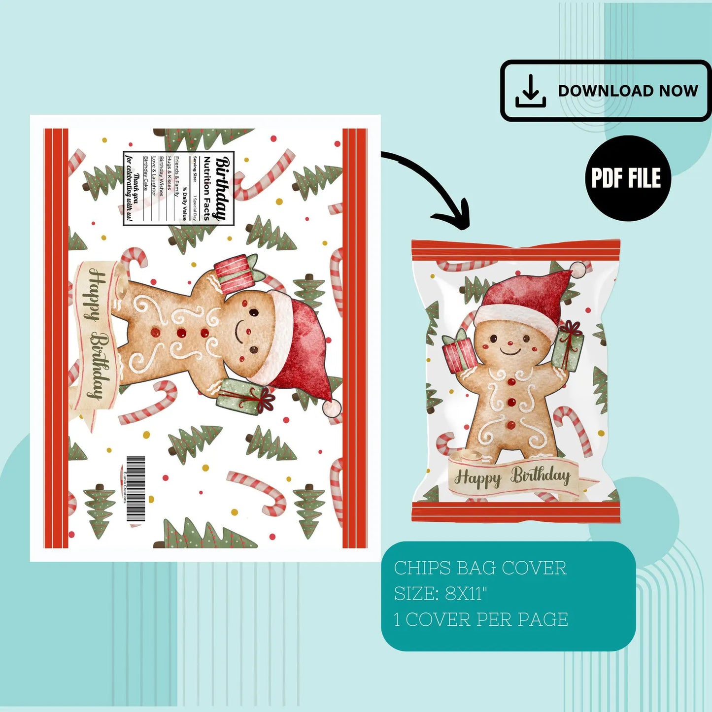 Gingerbread Man Chip Bag Cover PDF Instant Download File | Winter Holidays Celebration