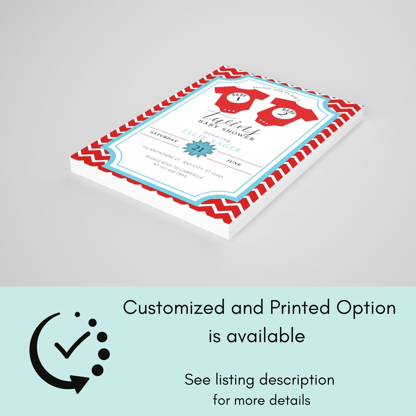 Twins Baby Shower Invitation Editable Canva Template: Baby 1 and Baby 2