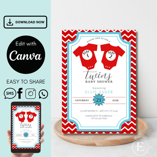 Twins Baby Shower Invitation Editable Canva Template: Baby 1 and Baby 2