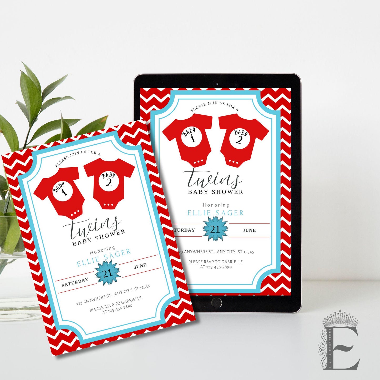 Twins Baby Shower Invitation Editable Canva Template: Baby 1 and Baby 2