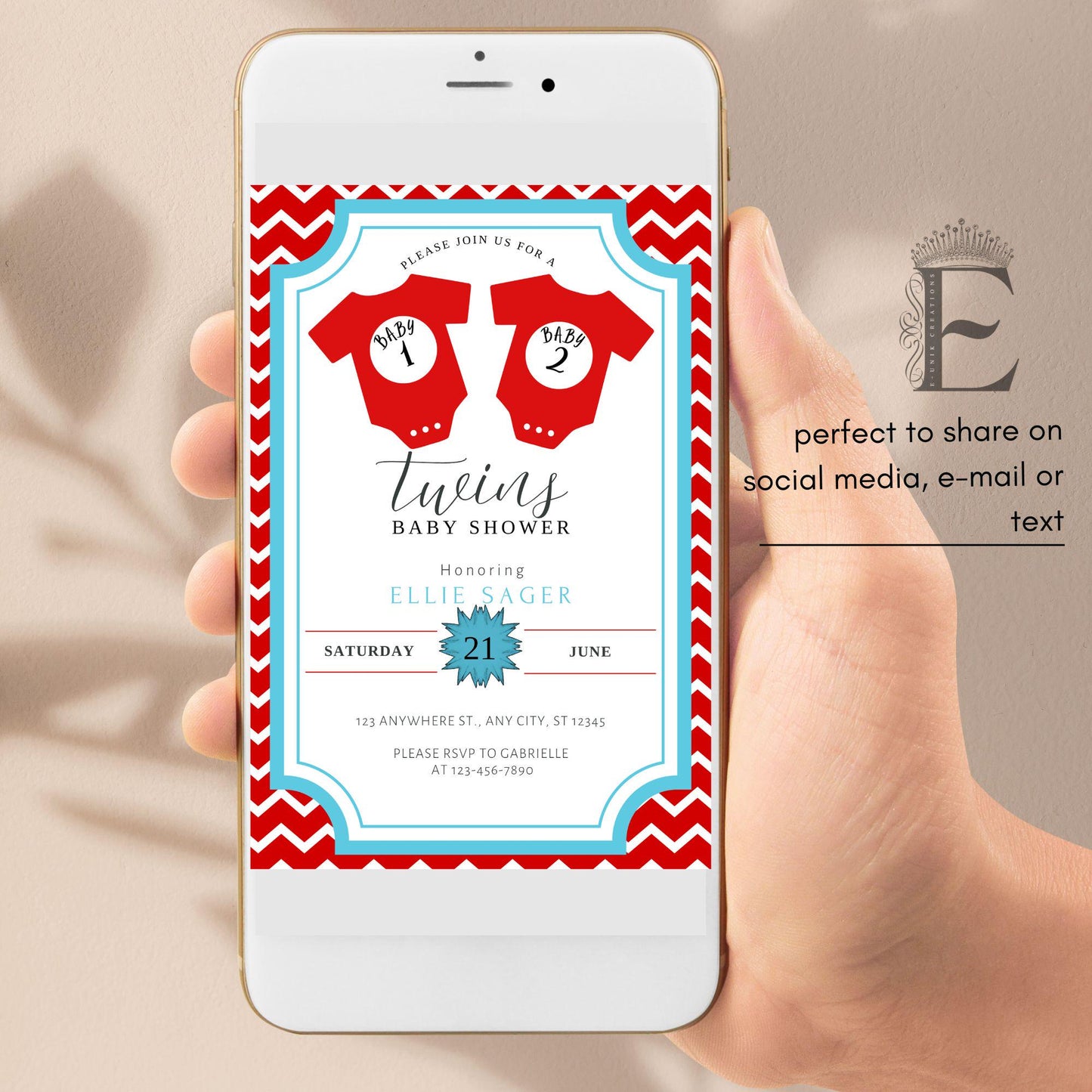 Twins Baby Shower Invitation Editable Canva Template: Baby 1 and Baby 2