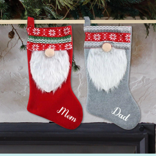 Personalized Gnome Christmas Stocking in Red and Gray