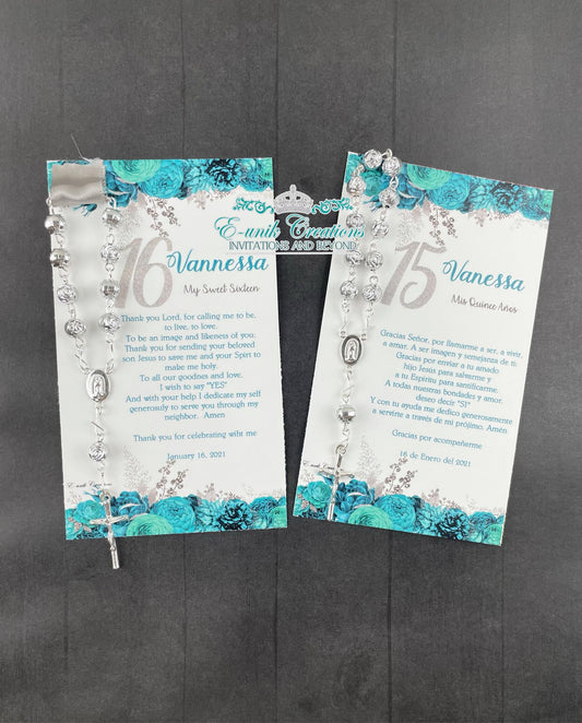 Floral Teal Quinceanera Favors, Sweet 16 Rosary Favors