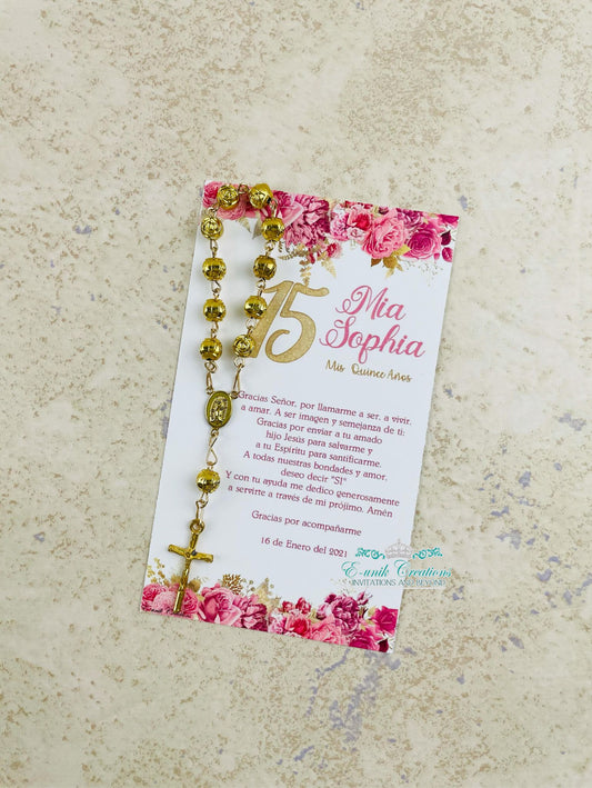 Floral Pink Quinceanera Favors, Sweet 16 Rosary Favors