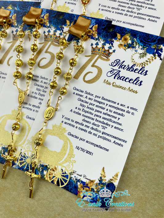 Royal Blue and Gold Quinceanera Favors, Sweet 16 Rosary Favors