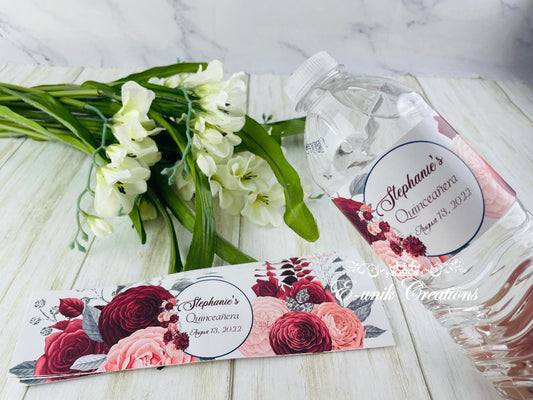 Burgundy Floral Water Bottle Labels