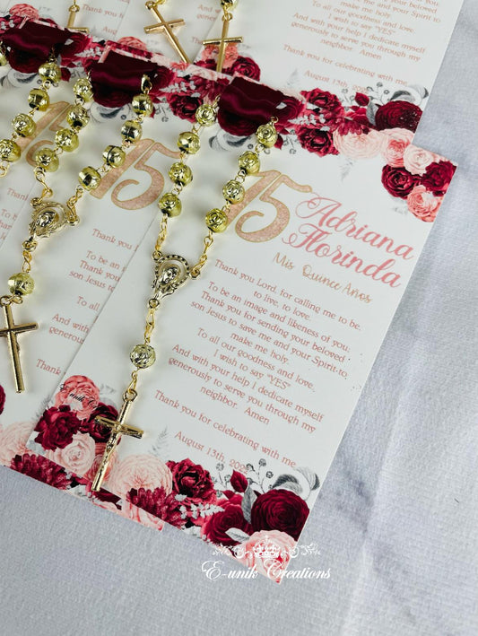Burgundy Rose Gold Quinceanera or Sweet 16 Rosary Favors