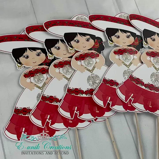 Mexican Girl Centerpieces Sticks, White Red Dress