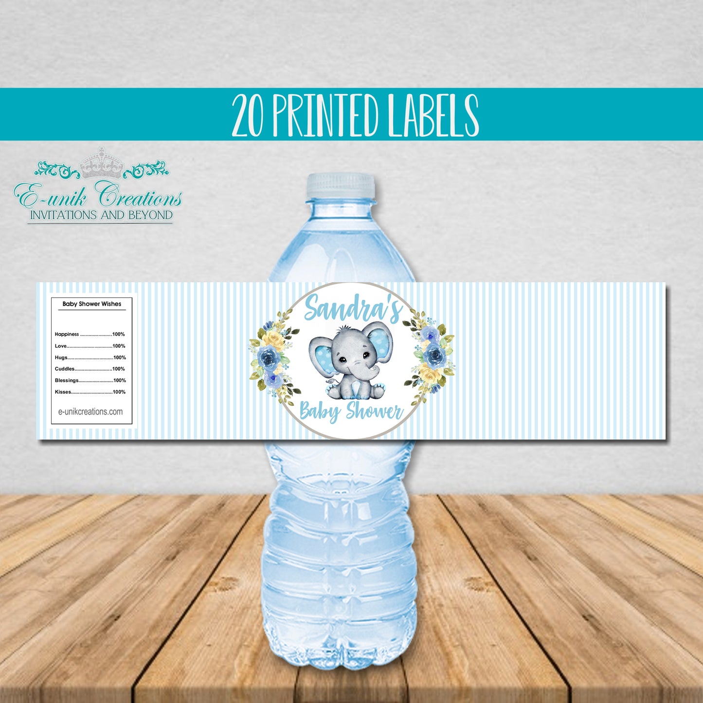 Boy Blue Elephant Water Bottle Labels