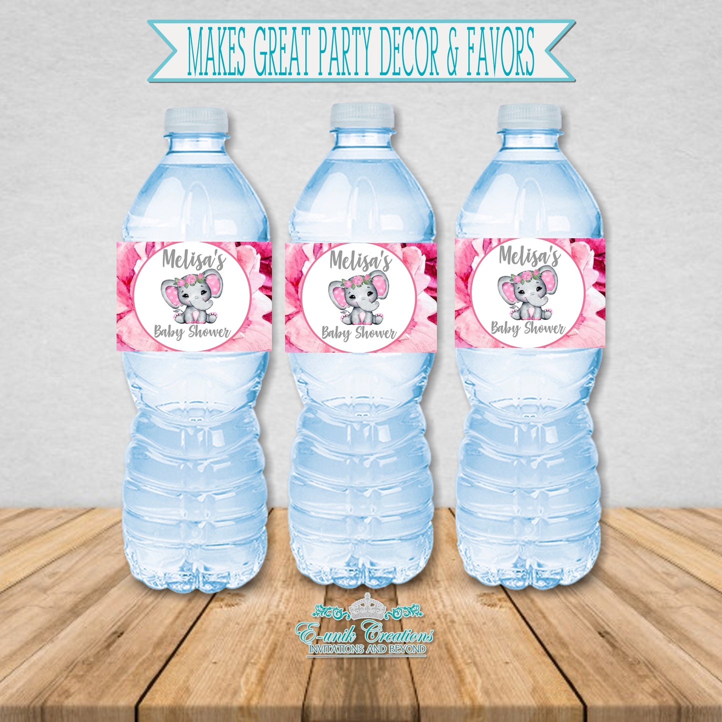 Pink Floral Elephant Bottle Labels
