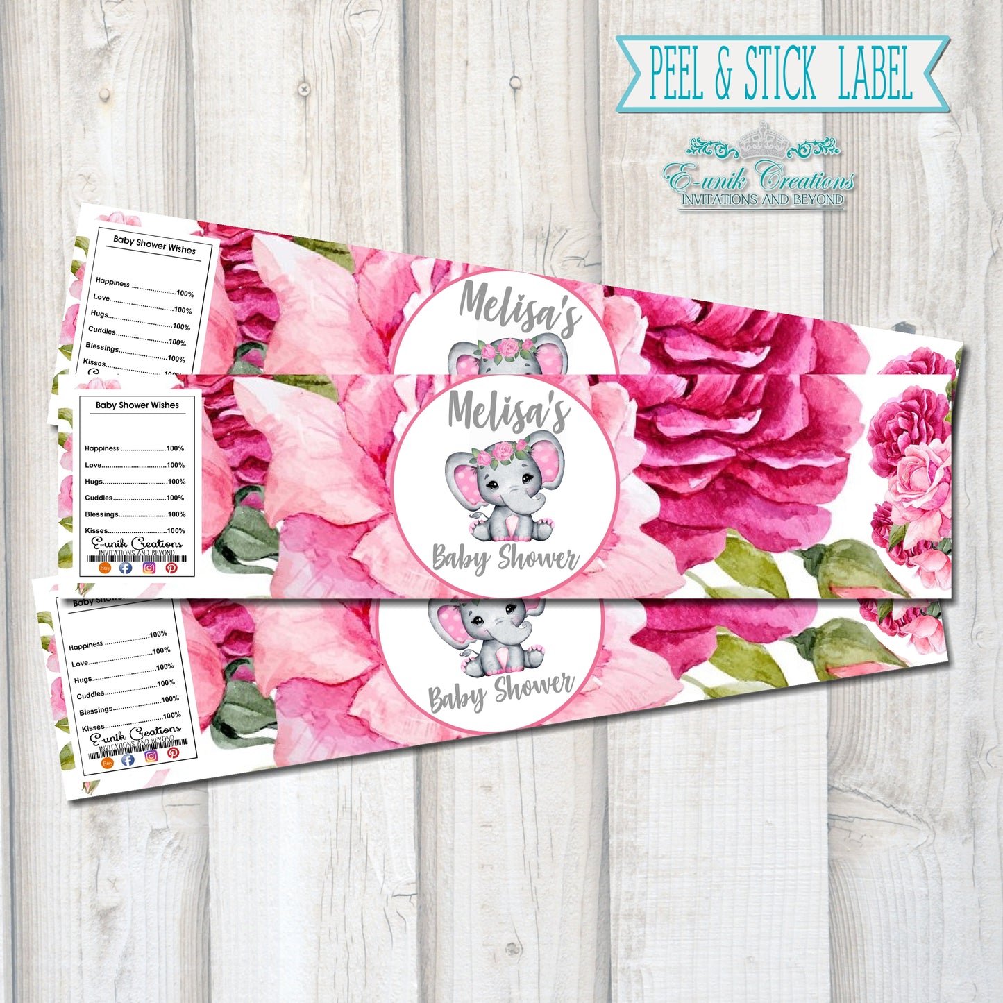 Pink Floral Elephant Bottle Labels