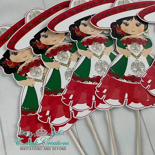 Mexican Girl Centerpieces Sticks, Green White Red Dress