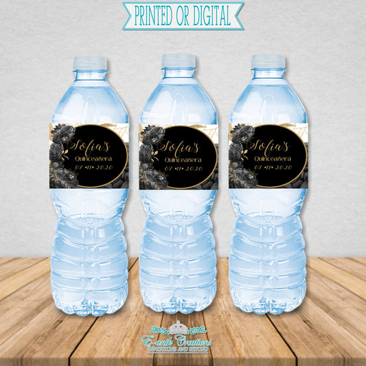 Black Floral Water Bottle Labels