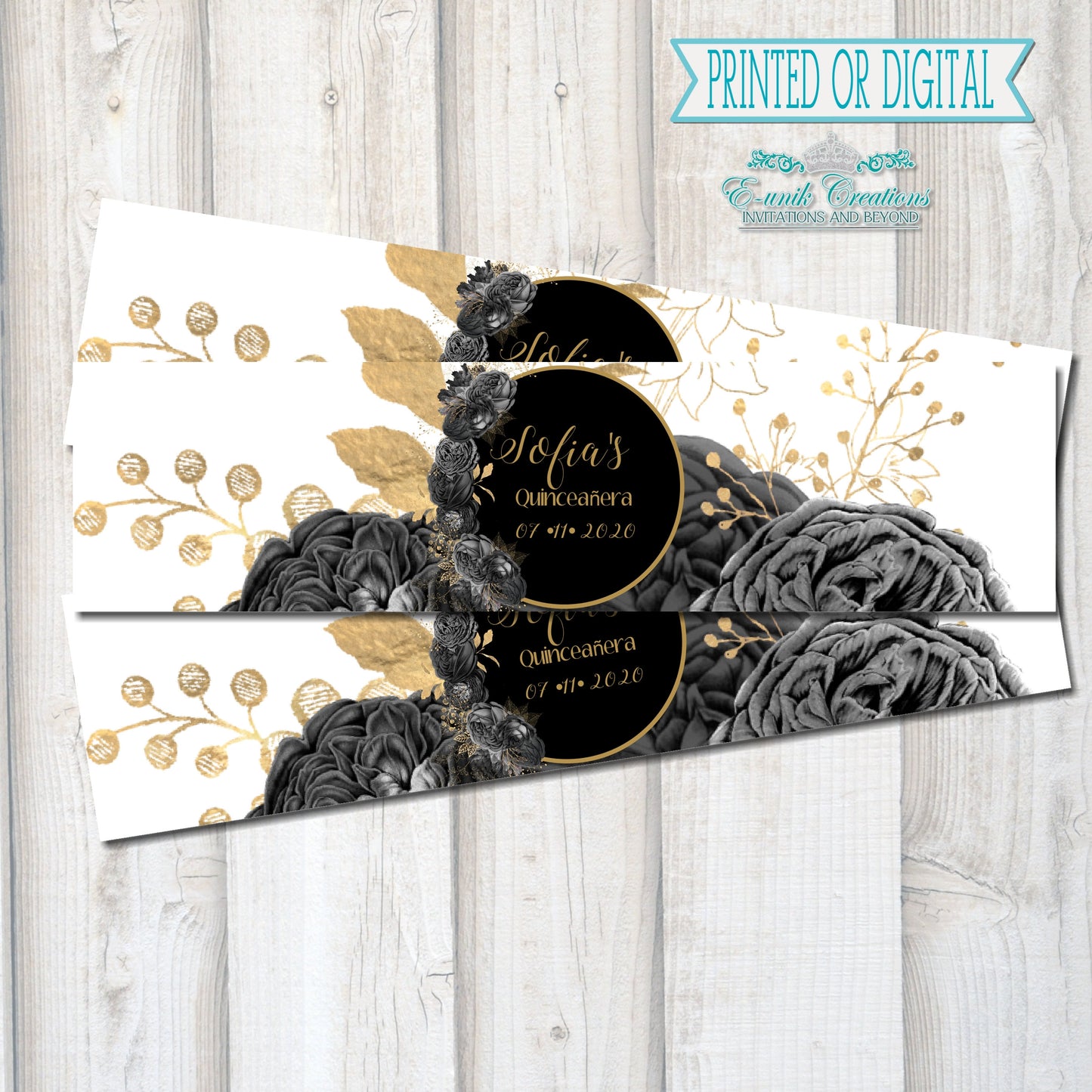 Black Floral Water Bottle Labels