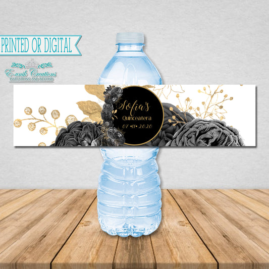 Black Floral Water Bottle Labels
