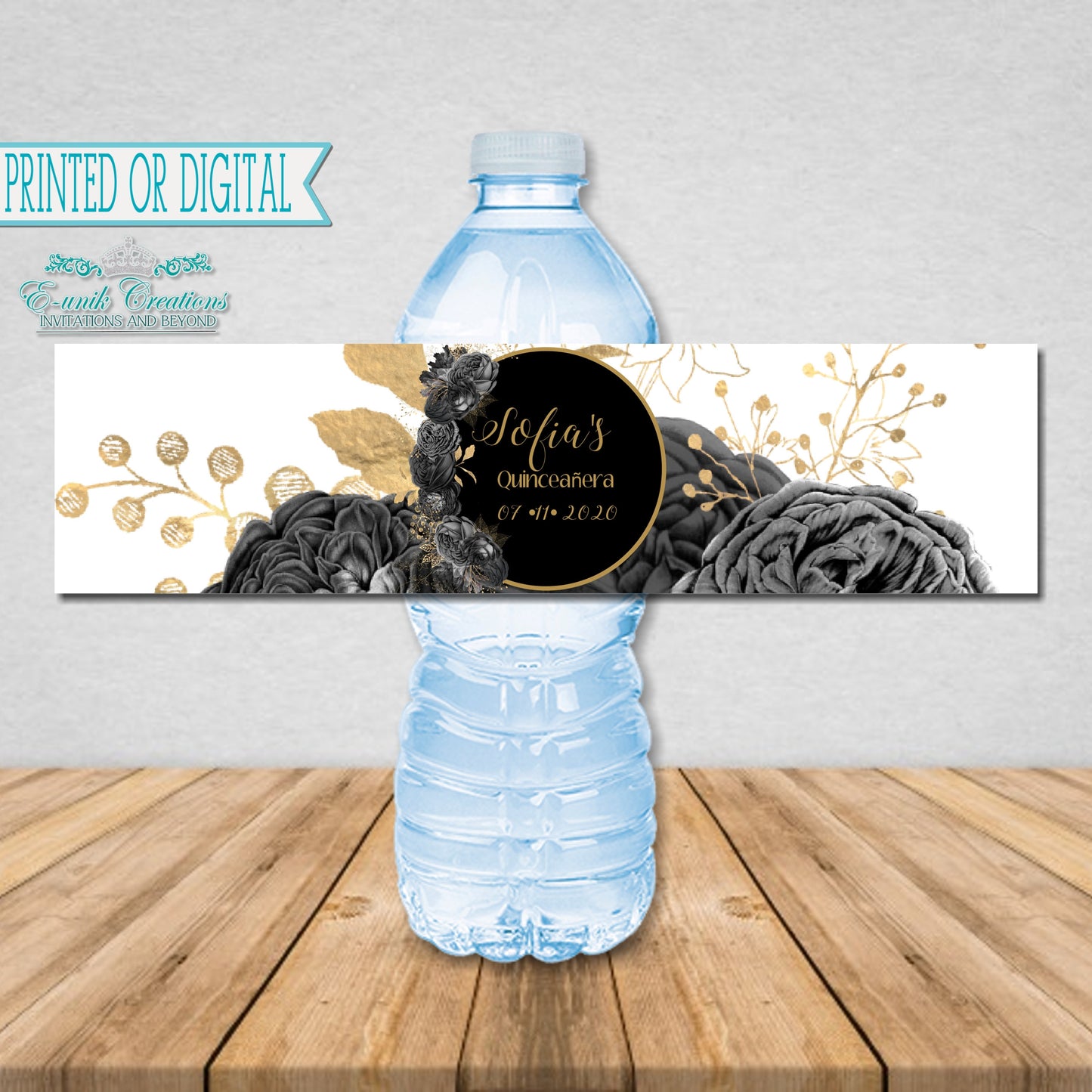 Black Floral Water Bottle Labels