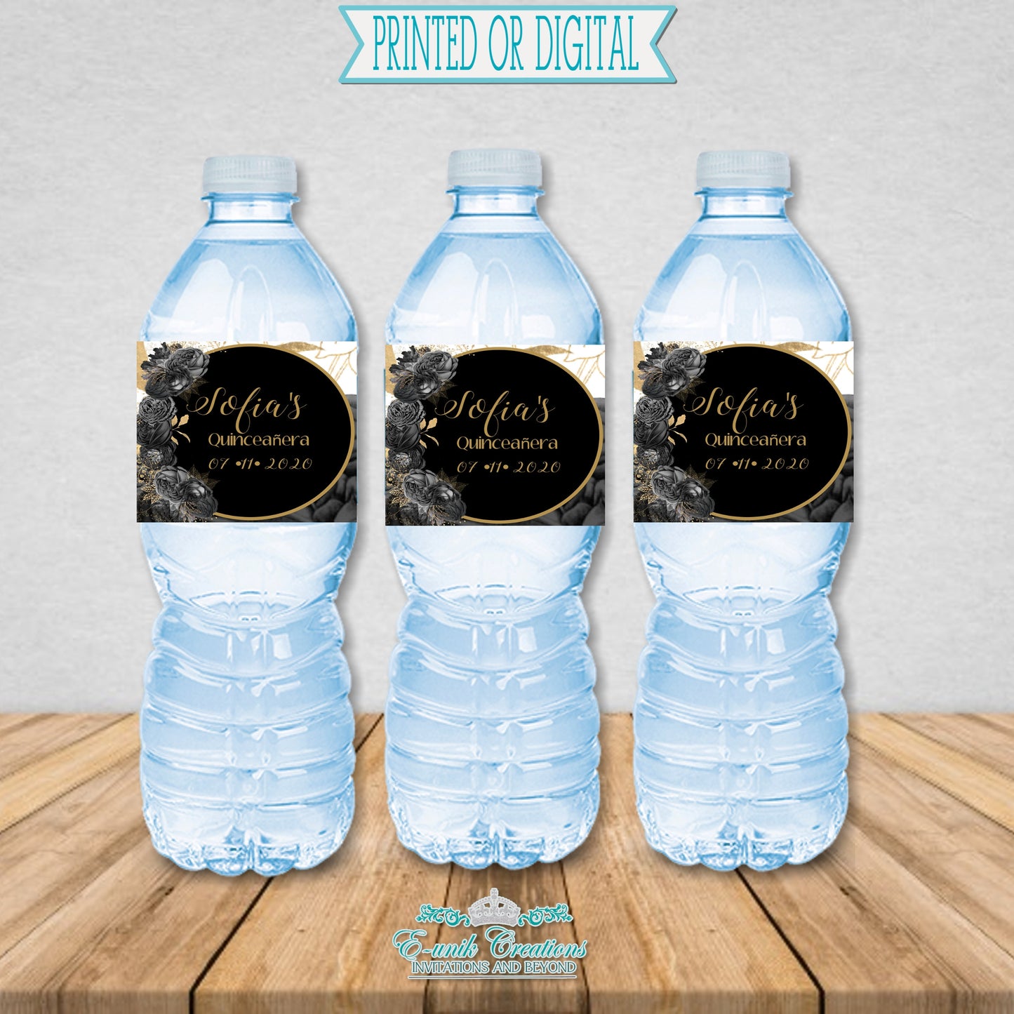 Black Floral Water Bottle Labels