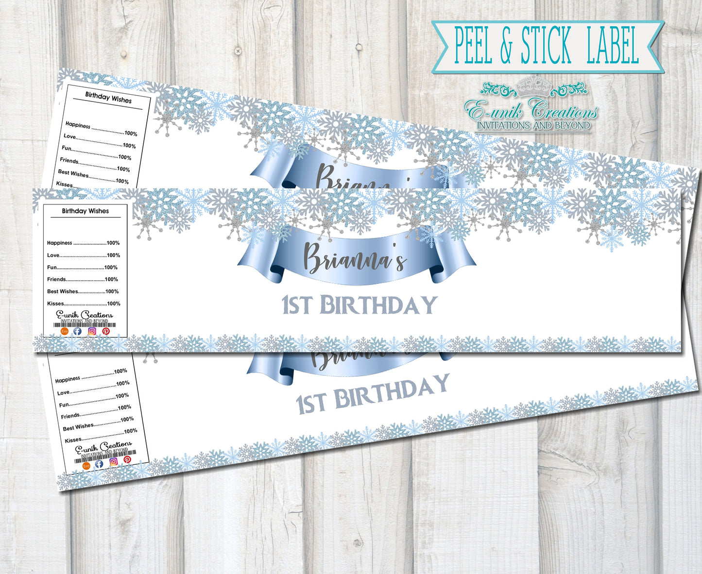 Snowflake Labels, Melted Snow, Custom Water Labels, Water Bottle Wrap. F1120