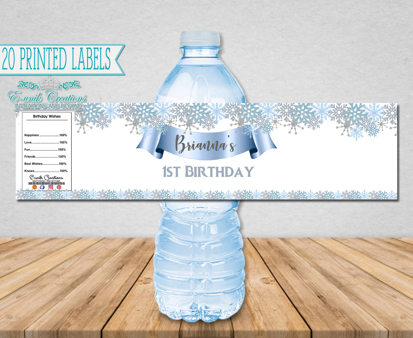 Snowflake Labels, Melted Snow, Custom Water Labels, Water Bottle Wrap. F1120