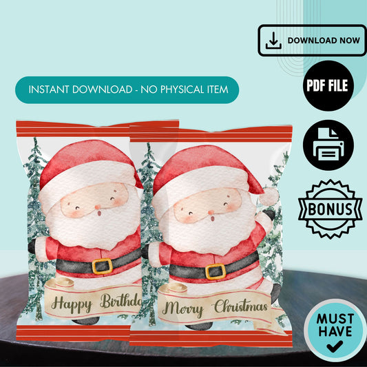 Santa Claus Chip Bag Cover PDF Instant Download File | Winter Holidays Celebration