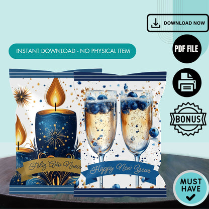 New Year Chip Bag Cover PDF Instant Download File | Blue New Year Decorations