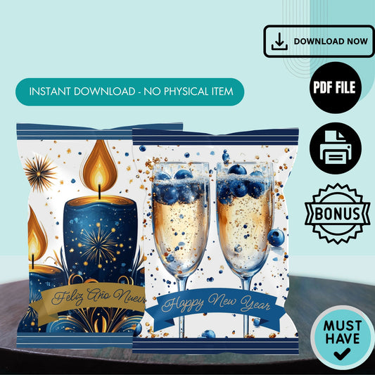 New Year Chip Bag Cover PDF Instant Download File | Blue New Year Decorations